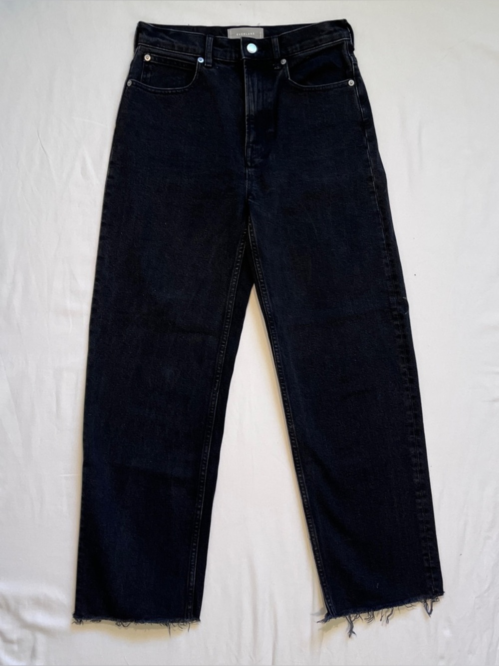 Everlane “Way High” Black Wide Leg Jeans with Raw Hem